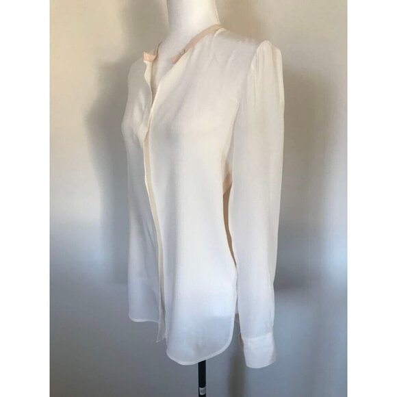 VINCE 100% Silk Long Sleeve Colorblock Blouse Top Size 6 Ivory Peach Split Neck - Picture 6 of 10